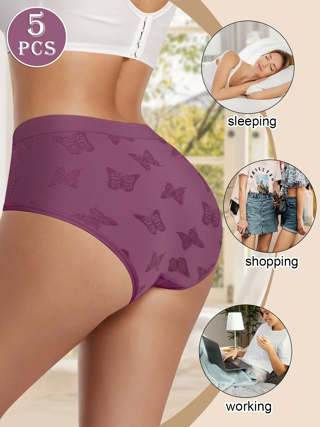 5-Pack MIOTAN Women\'S Elegant Nylon Butterfly Pattern Briefs, Soft Comfortable Knit Fabric Underwear with Elasticity for Sleepin