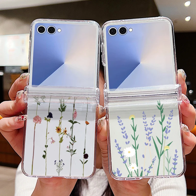 Blumen gemusterte Handyhülle für Samsung Galaxy Z Flip 7, 6, 5, 4, 3, 5G, faltbar, hart, PC, transparente Abdeckung für Samsung Z Flip7, Flip6, Flip5