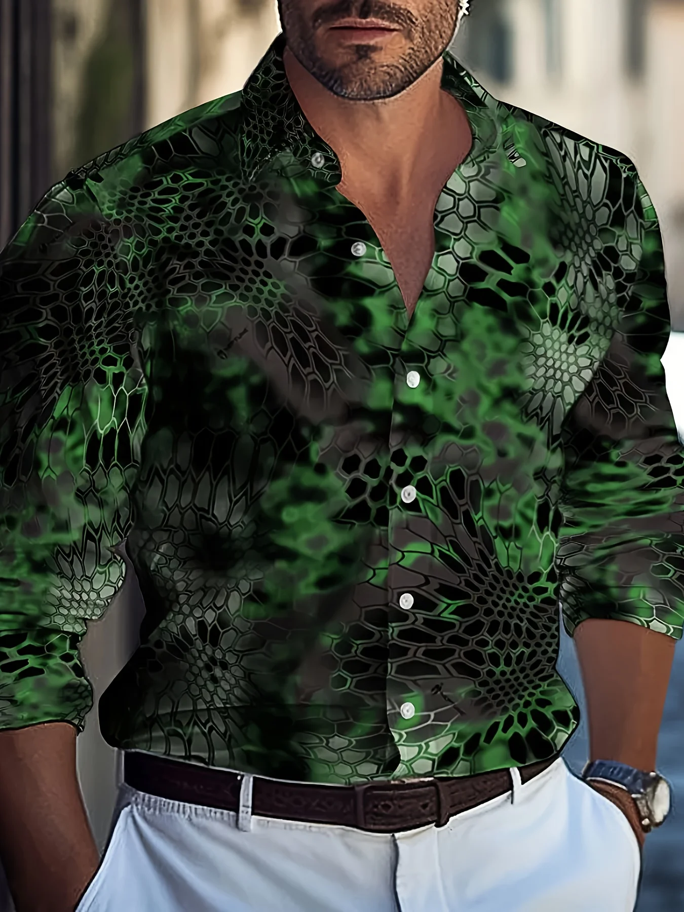 Men Long Sleeve Button Down Shirt Brown Black Python Snake Skin Print Polyester Lapel Collar Casual