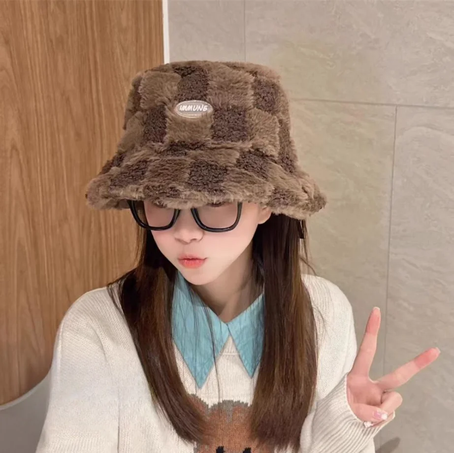 Women Fisherman Hats Autumn Winter Plush Thicken Warm Bucket Hat Small Letter Mark Korean Version Fashion Sunscreen Basin Caps