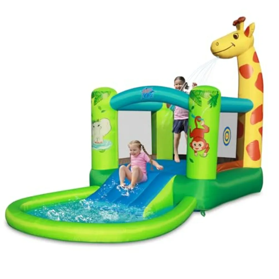 Outdoor backyard water park for kids: inflatable water slide with giraffe theme, PVC material, blue/yellow, extra large 67x62 b