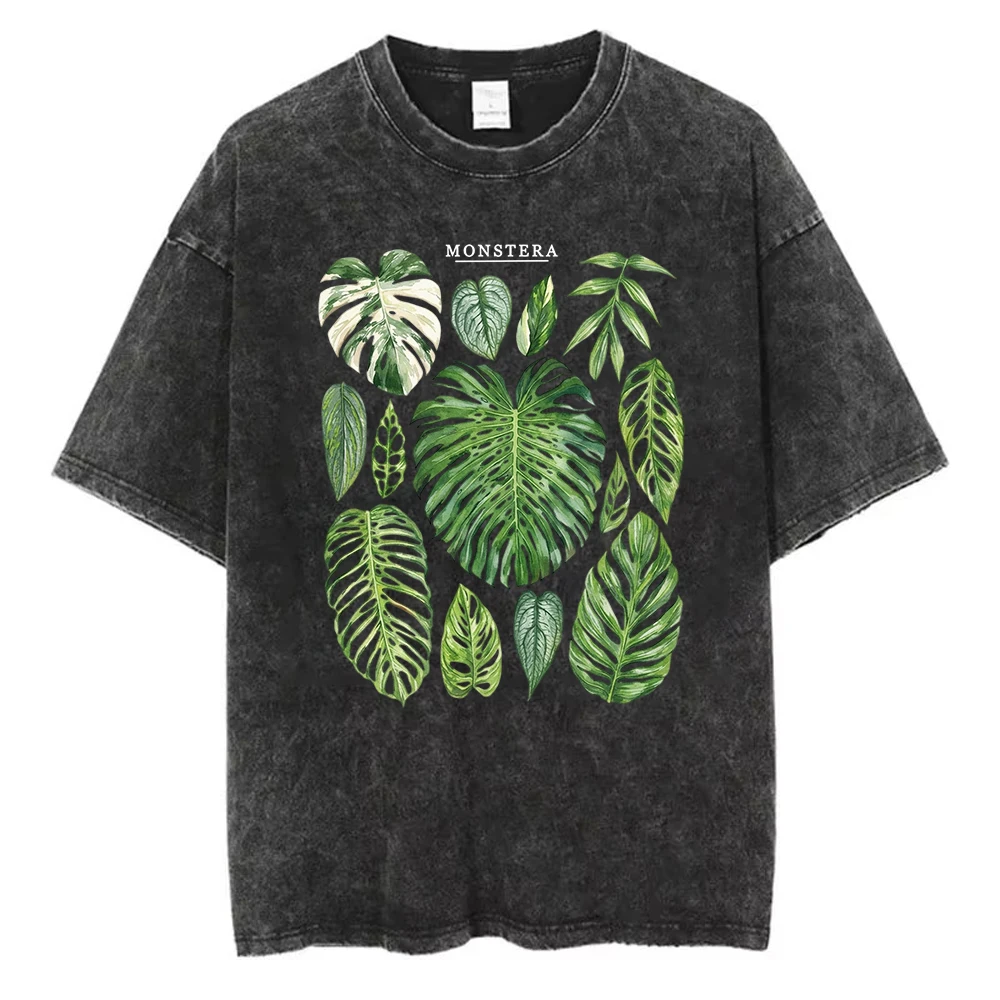 Vintage Washed Monstera Tropical Plant T‑Shirt Botanical Green Leaf Nature Graphic Print Men Women Short Sleeve Cotton Tee Tops