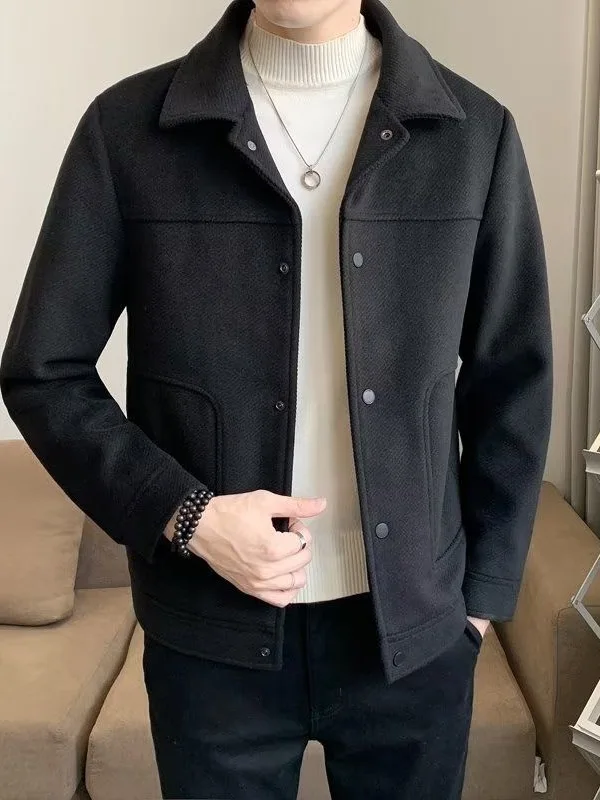 

Autumn Winter Men's Short Woolen Coat Slim Fit Casual Versatile Lapel Jacket Thickened Non-iron Processing Youth Trend Polyes...