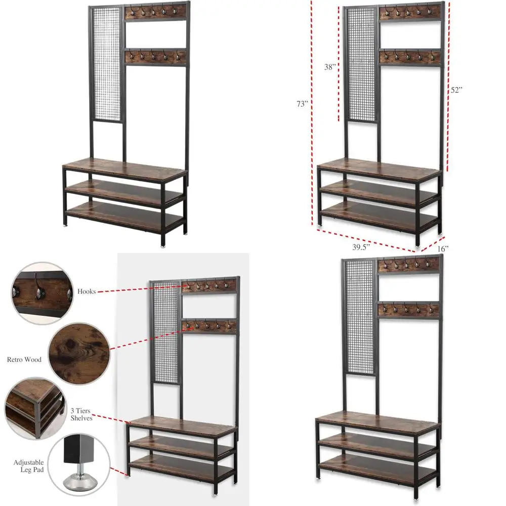 

Многофункциональная вешалка для прихожей в индустриальном стиле 3-в-1 с полкой для обуви и 3-ярусными стеллажами для хранения, 12 крючков для организации пространства в прихожей