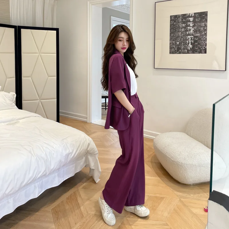 

Summer Casual Women's Short-sleeved Blazer & Wide Leg Pants Women's Office Women's Suit Korean Version 2 Piece Sets Women Outfit