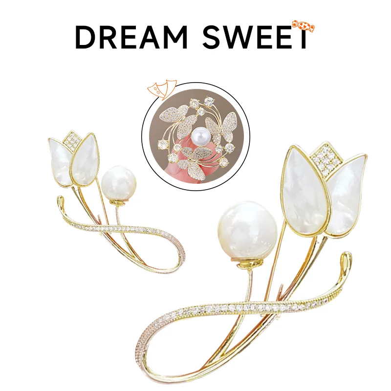 Elegant Fashion Pearl Butterfly Brooch Rhinestone Fixed Metal Clothing Pin for Women Daily High-End Jewelry Accessory
