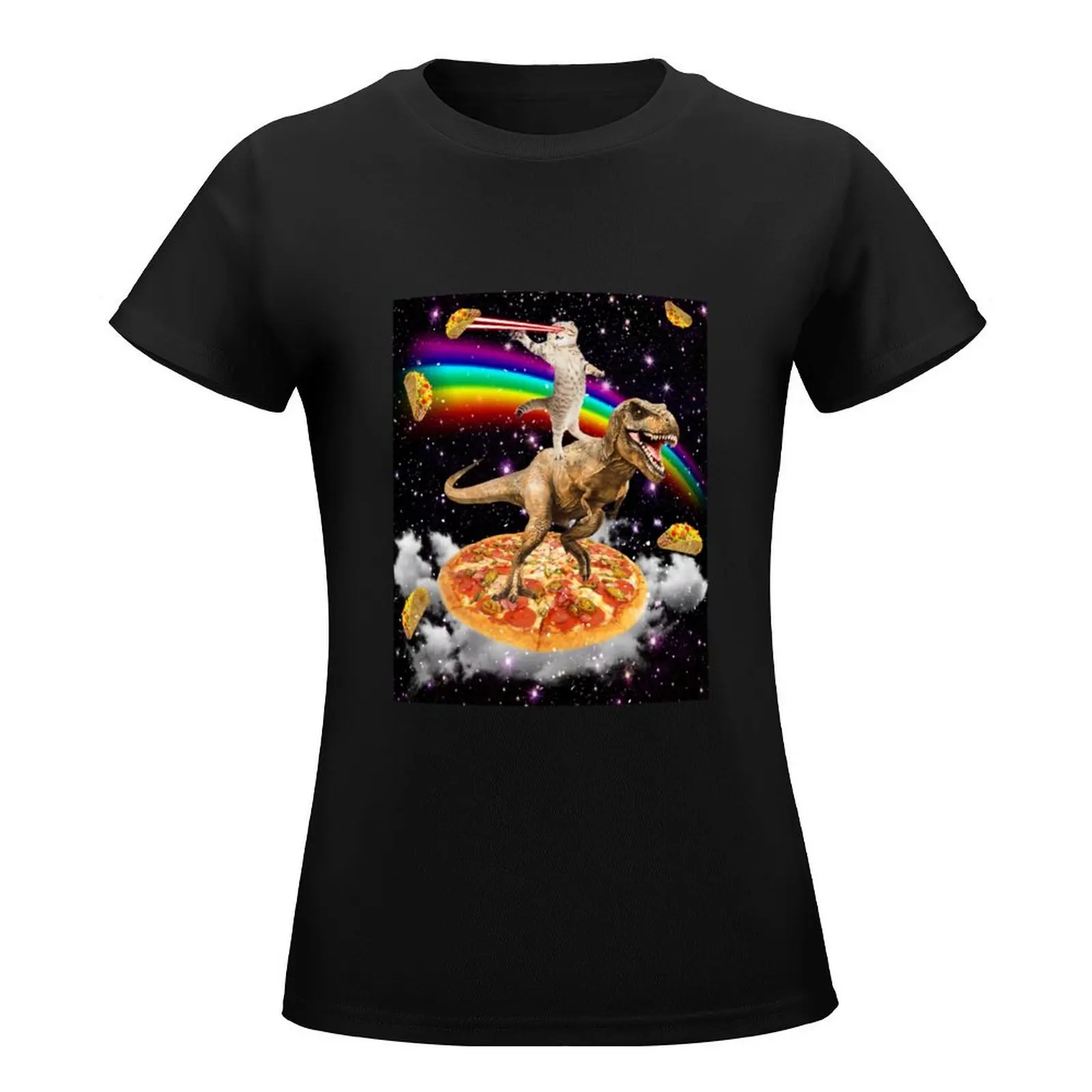 Galaxy Laser Eye Cat on Dinosaur on Pizza with Tacos & Rainbow T-Shirt graphics heavyweights white t-shirt dress for Women sexy