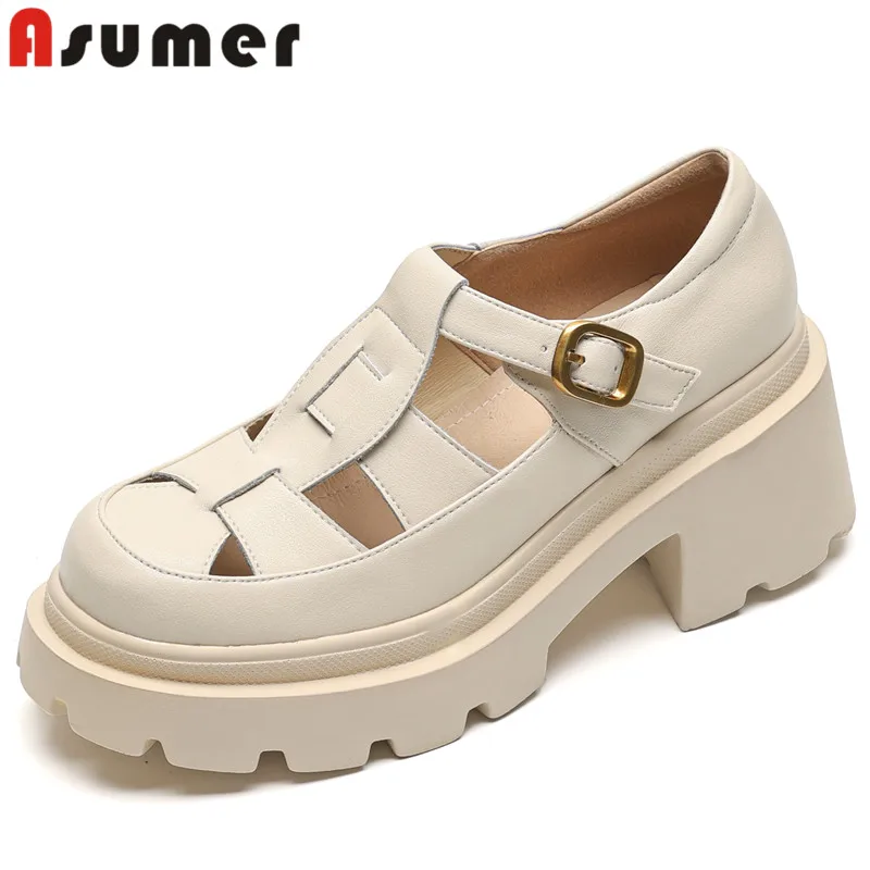 ASUMER 2024 New Size 33-40 Classics Genuine Leather Women's Shoes Thick High Heels Pumps Office Ladies Buckle Platform Shoes