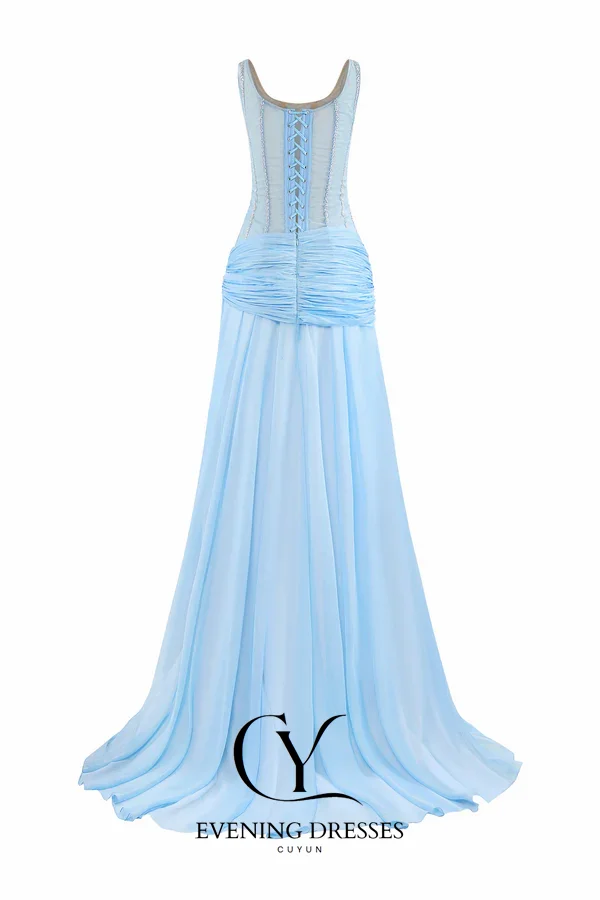 CUYUN Luxury Evening Dresses Women with Beading Customized A Line Prom Dresses Side High Slit Sexy Party Gown for Birthday Party