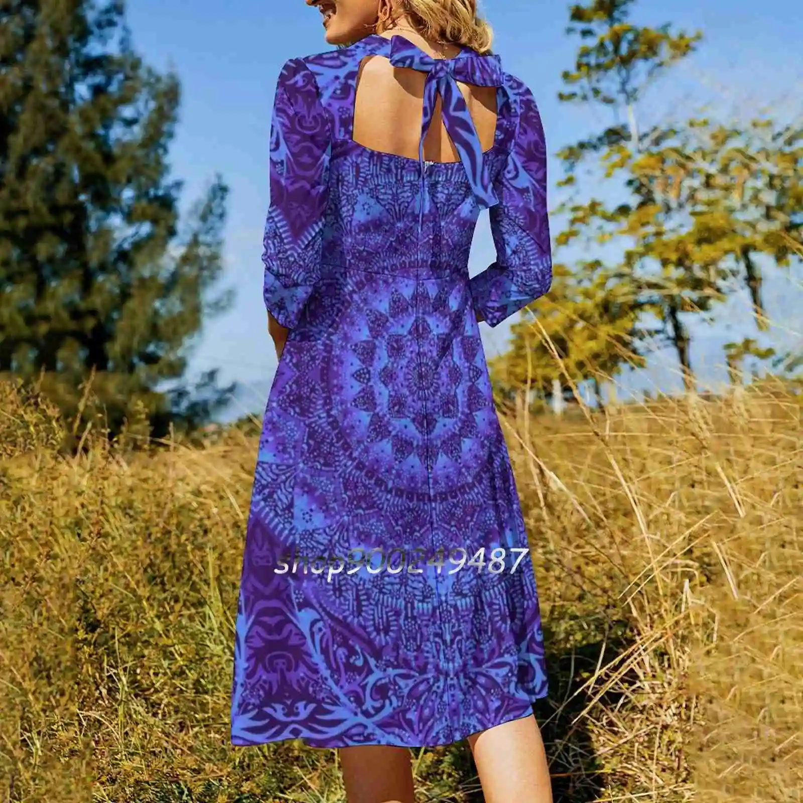 Indigo Mandala Sweet Elegant Dress Women Korean Kawaii Square Collar Dress Mandala Mandalas Dot Art Purple Blue Universe Energy