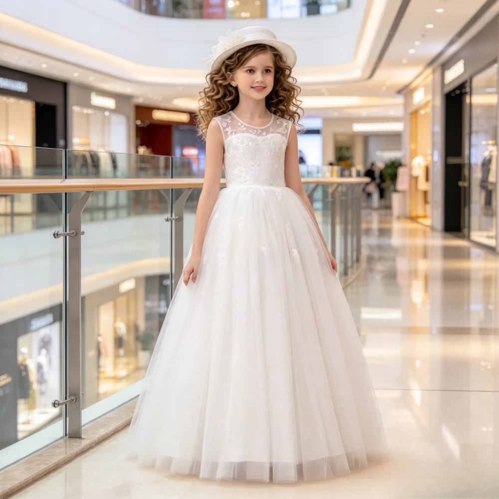 Children Girls Sleeveless Long Princess Gown Performance Kids BirthdayGirl Wedding Tutu Costume Dinner Host Evening Gown Flower