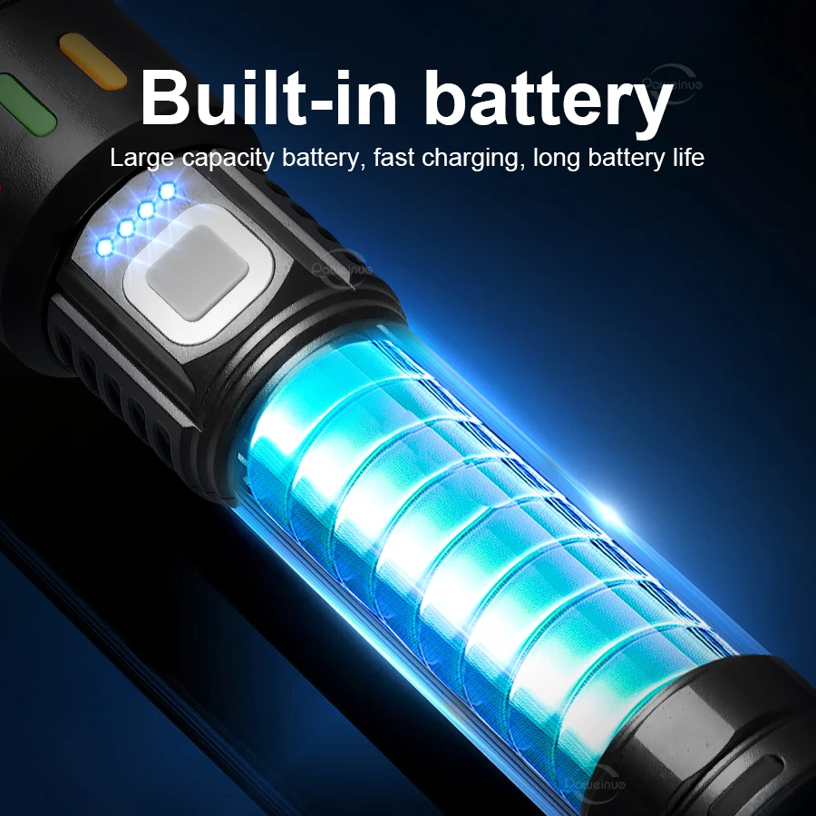 High Power 5 Modes Flashlight Type-C Rechargeable Lantern with Emergency Side Lights Zoom Tactical Torch for Fishing Camping