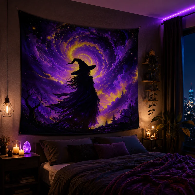 VIKAMA Purple Blue Galaxy Astrology Witch Tapestry Cosmic Nebula Constellation Silhouette Black Robe Witch Room Decoration