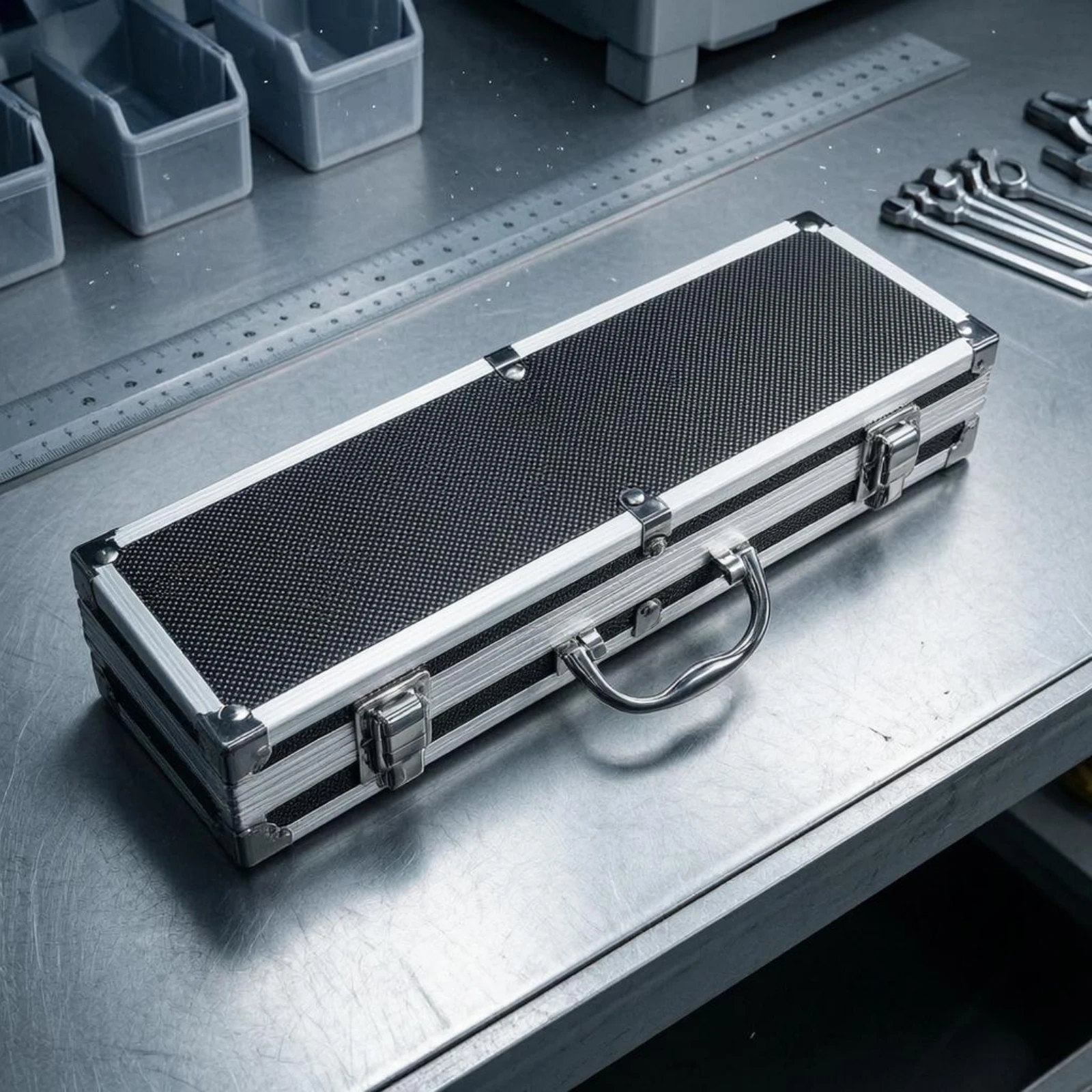 estojo-de-aluminio-com-espuma-interna-caixa-rigida-com-fechos-metalicos-estilo-industrial