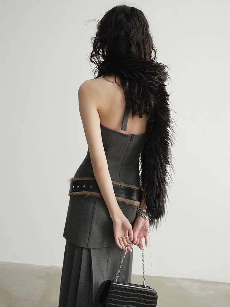 [EAM] Women Geay Leather Hem Pleated Wool Belt Long Elegant Dress New Halter Sleeveless Fashion Tide Spring Autumn 2024 1DH7227