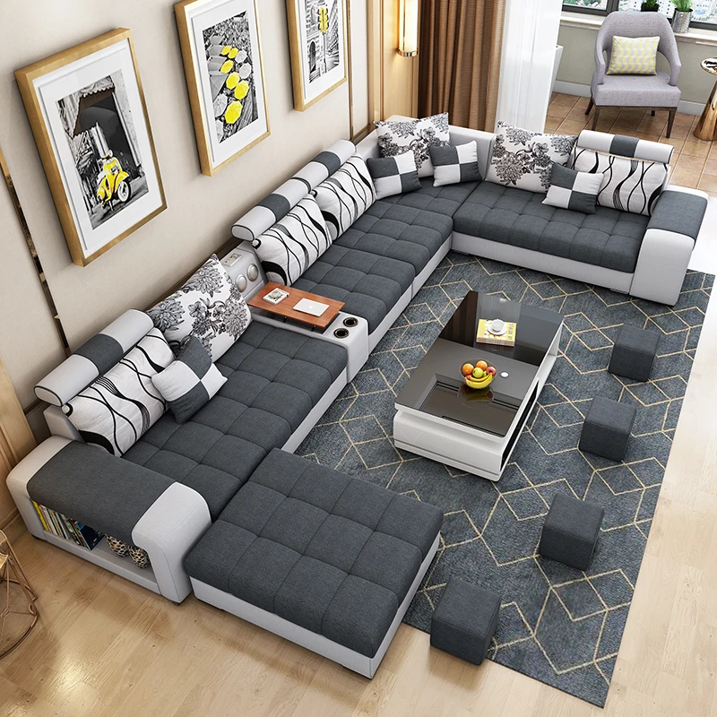 Modern Fabric Sofa Set Furniture Living Room Sofa Set with USB and Stools U Shape Cloth Couch Sofas for Home Furniture 1903