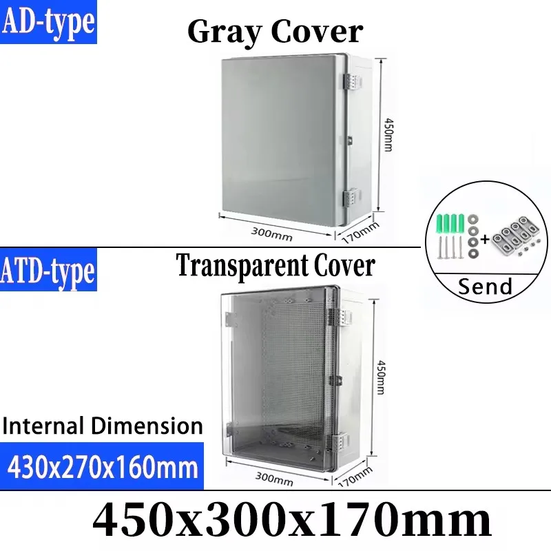 

450x300x170mm IP66 Waterproof Gray/Transparent Cover Enclosure Junction Box ABS Plastic Outdoor Electronic Instrument Hinge Box