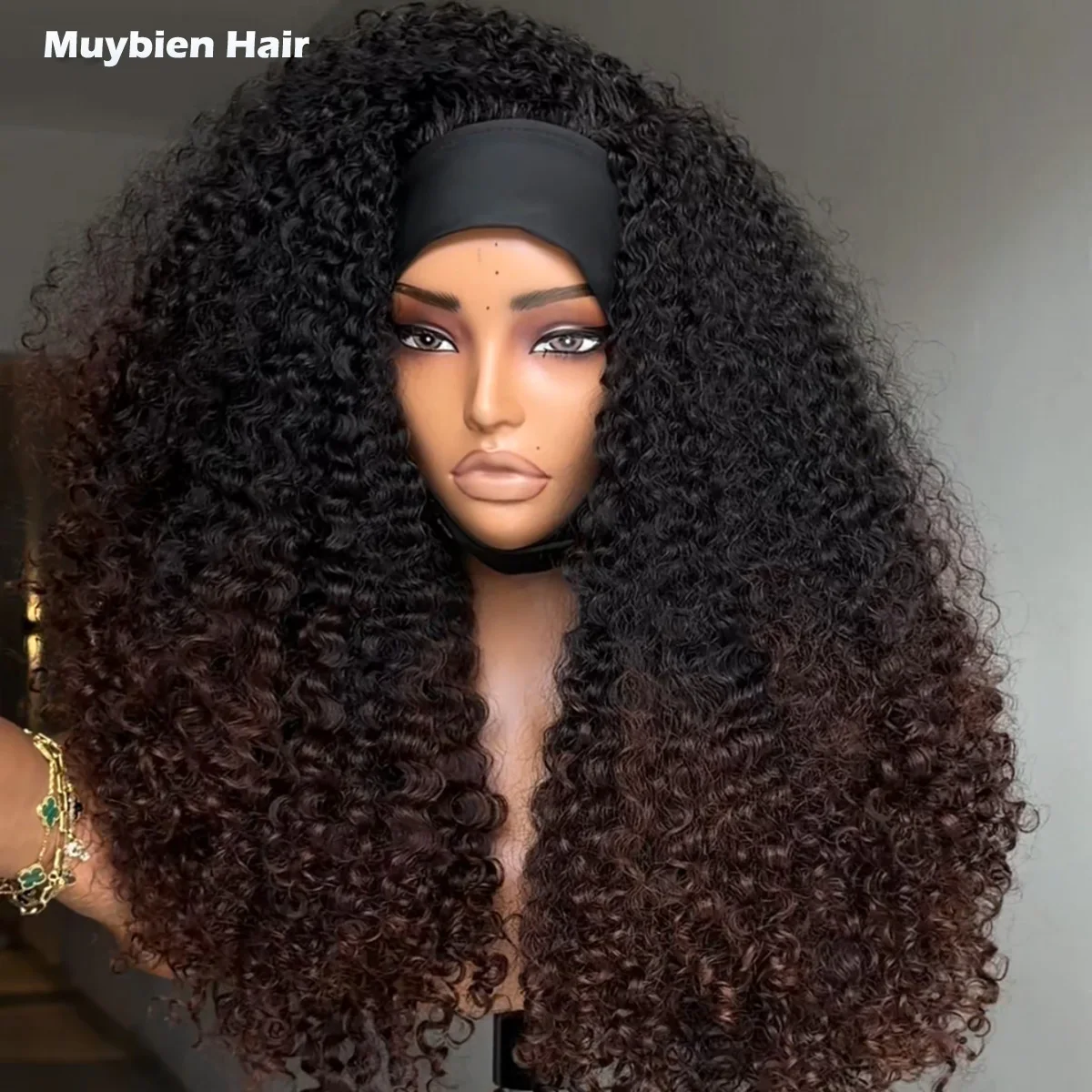 450 Density Ombre Brown Kinky Curly Head Band Wig 100% Human Hair Glueless Wigs for Black Woman Wera and Go Glueless Wigs - view 3
