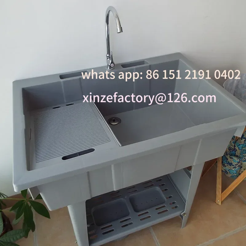 

Customizable Plastic laundry sink, washing basin with washboard,integrated cabinet, non ceramic bathroom cabinet