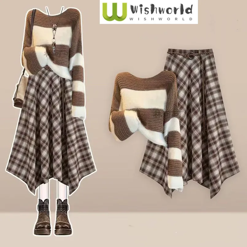 

Autumn and Winter Korean Style Casual Knitted Striped Top+plaid Half Skirt Elegant Women's Two Piece Set