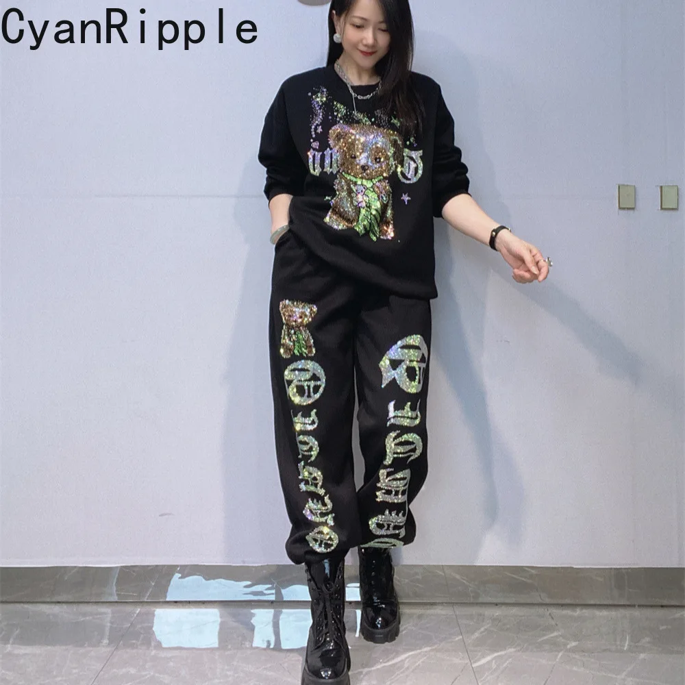 Fashionable Autumn Winter Women Hoodie Set Hot Diamonds Round Neck Cotton Pullover Top + Elastic Waist Loose Sports Harem Pants