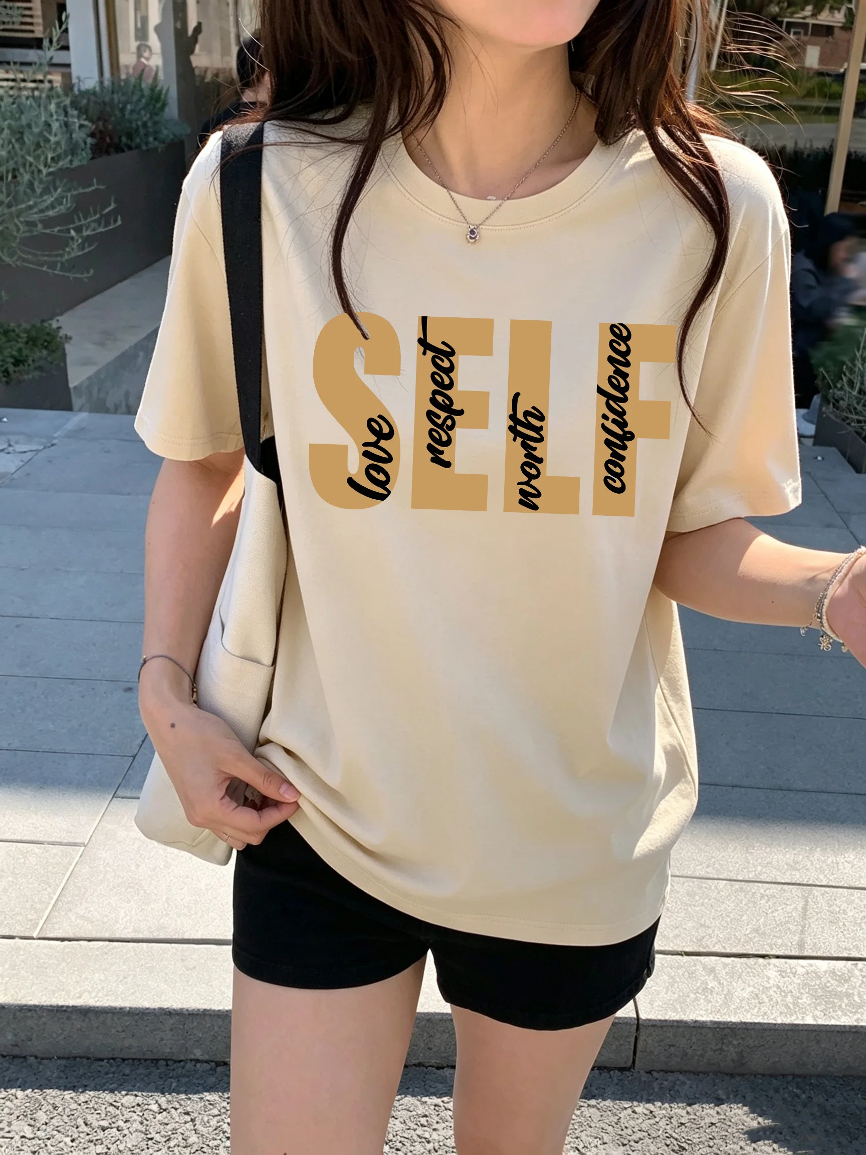 T-shirts en coton imprimés « Love Respect Worth Confidence Self » pour femmes, manches courtes, col rond, doux, coupe oversize, vêtements basiques d'été
