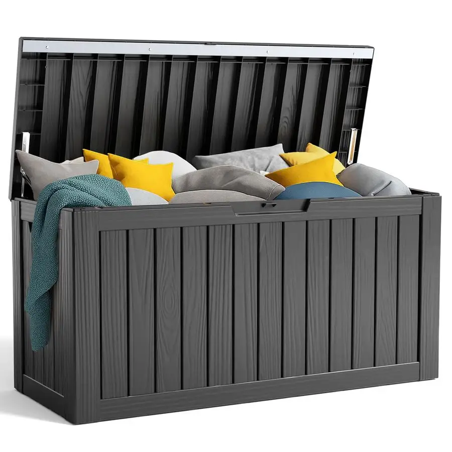 

90 Gallon Resin Deck Box, Lockable Patio Outdoor Storage Box for Furniture, Garden Tools and Tools Storage, Waterproof Outside