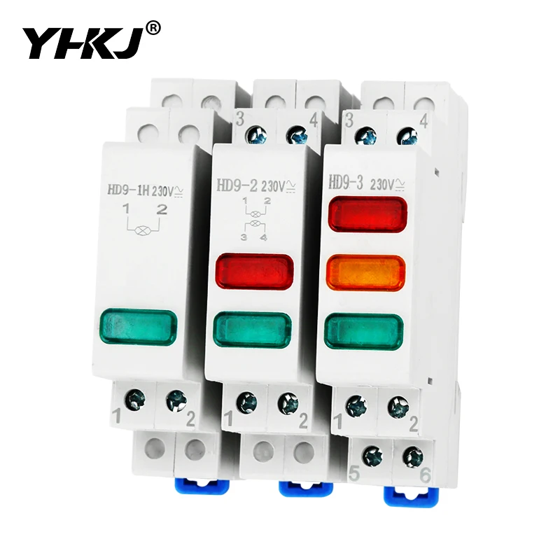 HD9 DIN Rail Mount LED Signal Lamp Series 9mm 18mm 220V Indicating Pilot Lights Red Blue Yellow Green Power Signal Light
