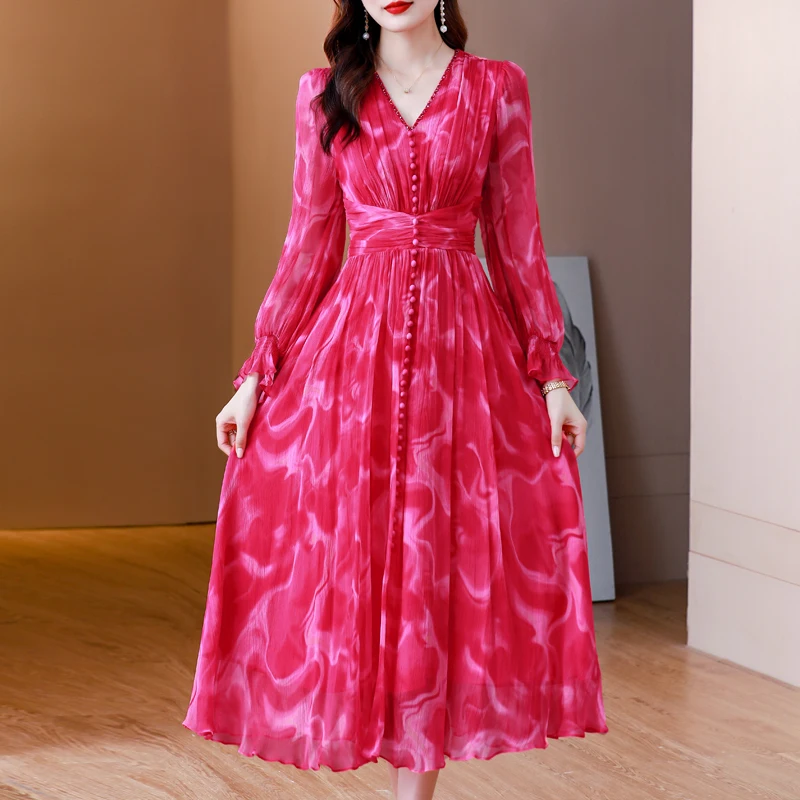 Summer Elegant Loose Red High Quality Maxi Dresses Vintage 4XL Mulberry Silk Dress Women Bodycon Party Robe Femme Vestidos