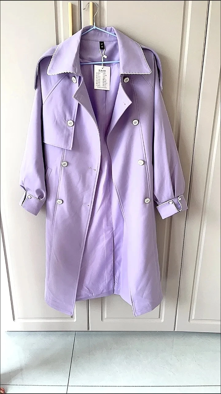 Fashion Purple Windbreaker Coats,for Women Clothing ,Spring Autumn Korean Casual Double breasted Long Trench Coat,2025 New