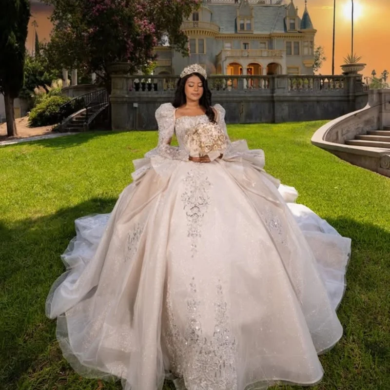 

Блестящие платья Quinceanera цвета слоновой кости по индивидуальному заказу с открытыми плечами и аппликацией из пайеток, тюль, длинный хвост, большой бант, Vestido 15, Quinceanera