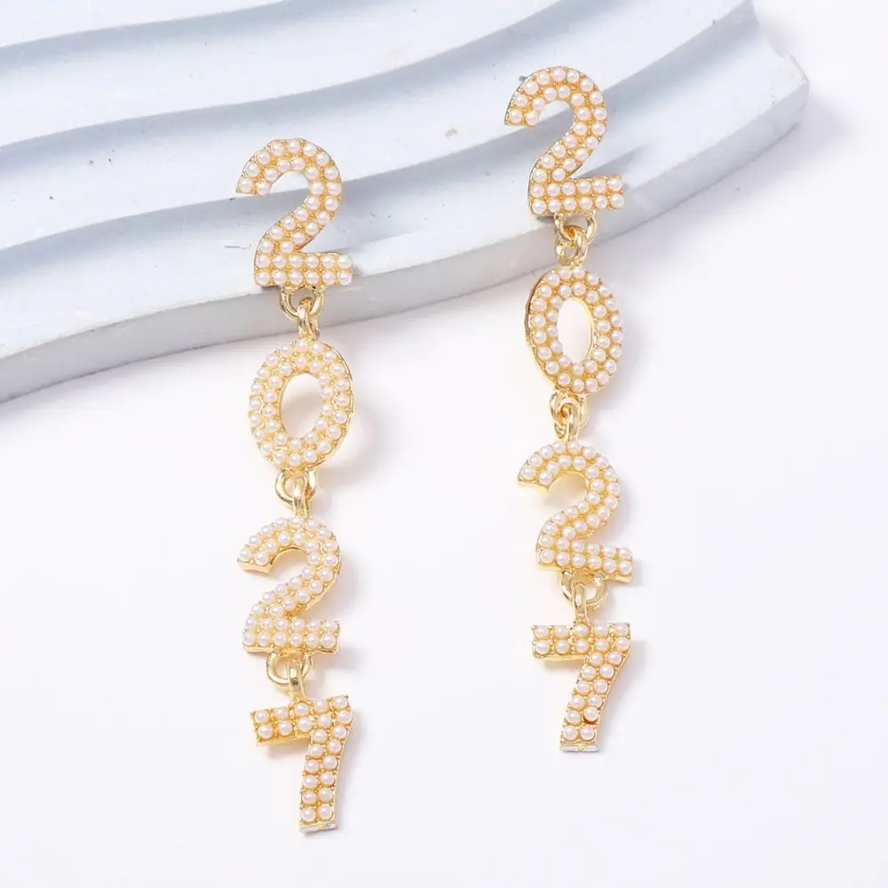 Pearl 2027 Digital Earrings Shiny Zircon Happy New Year Earrings Colorful Rhinestone Christmas Stud Earrings Christmas Gift