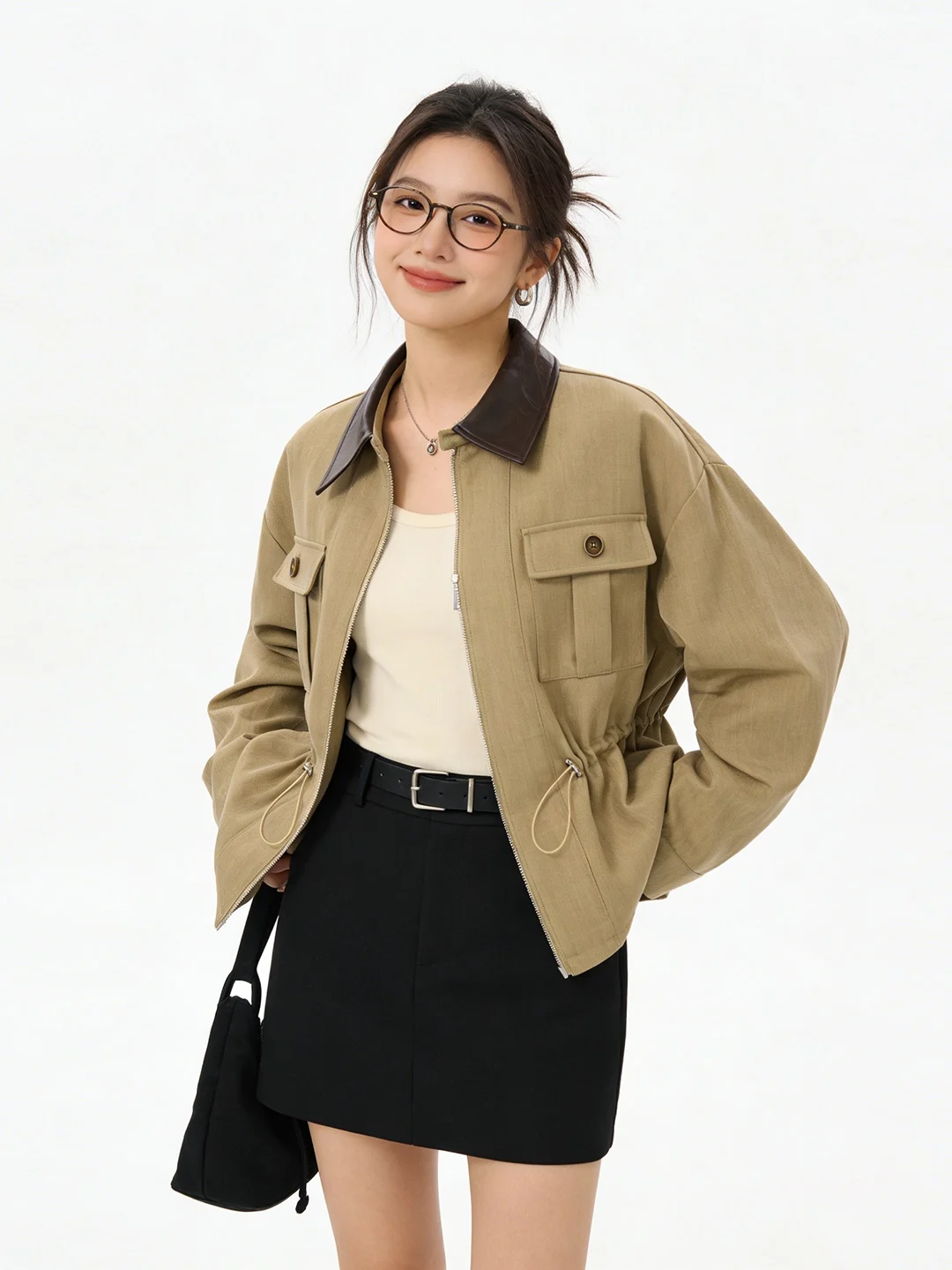 

Vintage Casual Denim Jaet Women's Slim Fit Waist Dstring Leather Collar Splice Gored Hemming Ele ort Outerwear