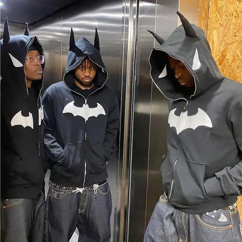 Batman Anime Hoodies Men Cartoon Embroidery Sweater Autumn Winter Fashion Hip Hop Full Face Zipper Coat Women Loose Sweatshirt