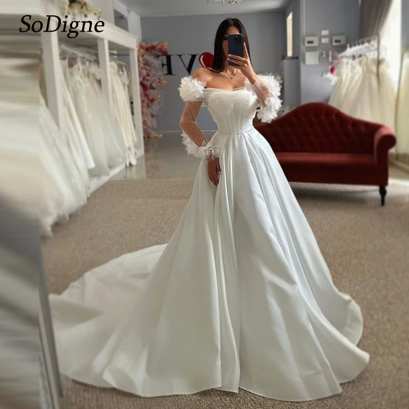 SoDigne A-line Off Shoulder Wedding Dresses Long Sleeves Satin/Tulle Bridal Dress Customized Wedding Gown Robe De Mairee