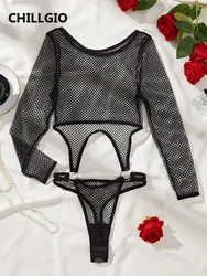 CHILLGIO Women Soild Mesh Brief Bodysuits Sexy Club Combination Rompers Erotic Lingerie Fishnets Skinny Catsuit One Pieces Woman