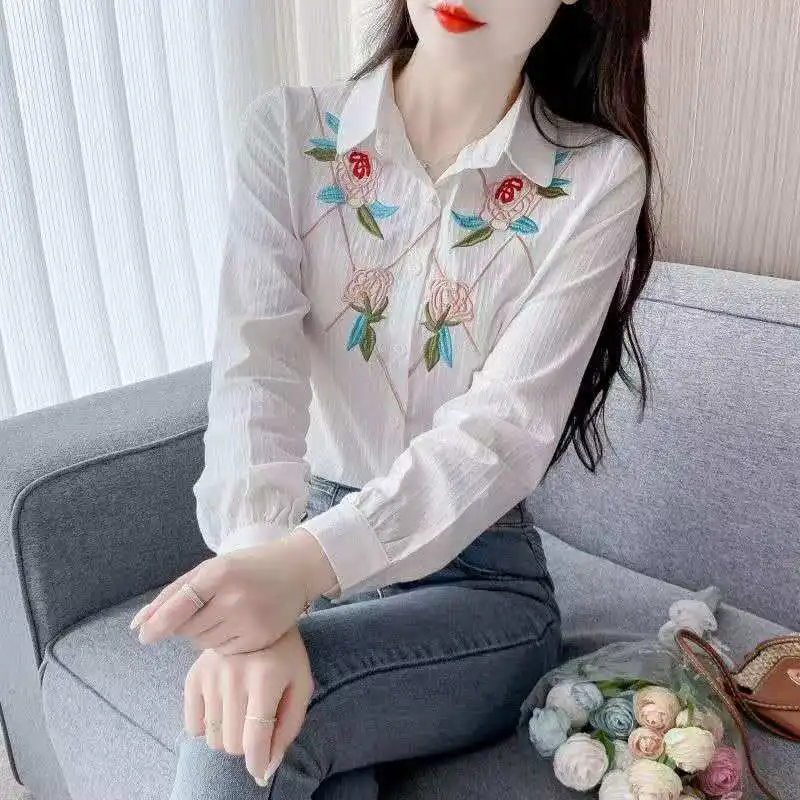 

2026 Spring and autumn women's embroidered blouses pure cotton skin-friendly with unique style and elegant appearance