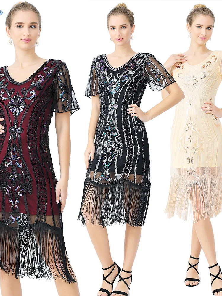 New 1920s Vintage Flapper Great Gatsby Party Dress V-Neck Short Sleeve Sequin Beaded Style Tassel Flapper Vestidos Feminina