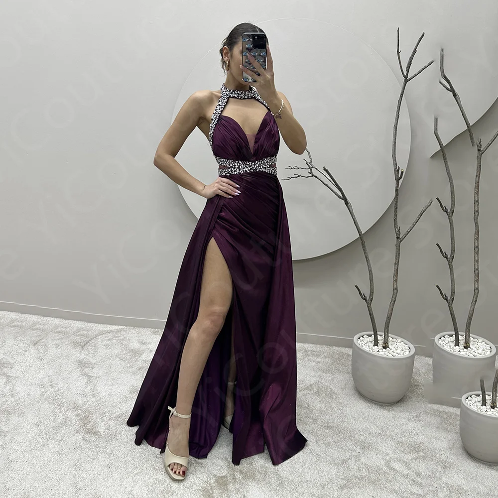 

New Classic Purple Prom Gowns 2024 Sleeveless Evening Dresses Thigh Slit Birthday Party Dress Halter Robe de Soiree Back Out