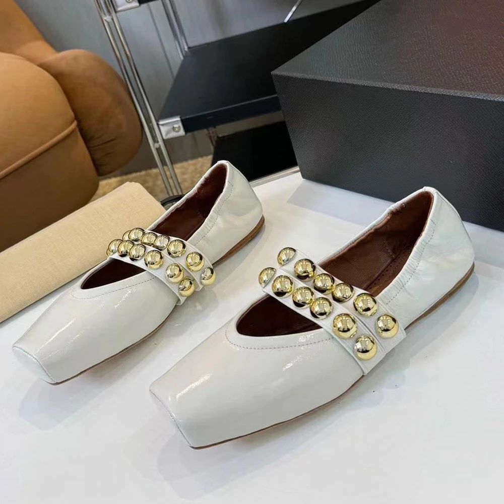 

New Autumn Women Ballet Flats Square Headed flat Shoe Bottom Pearl inlay Retro Style Vacation Retro Lazy Slippers