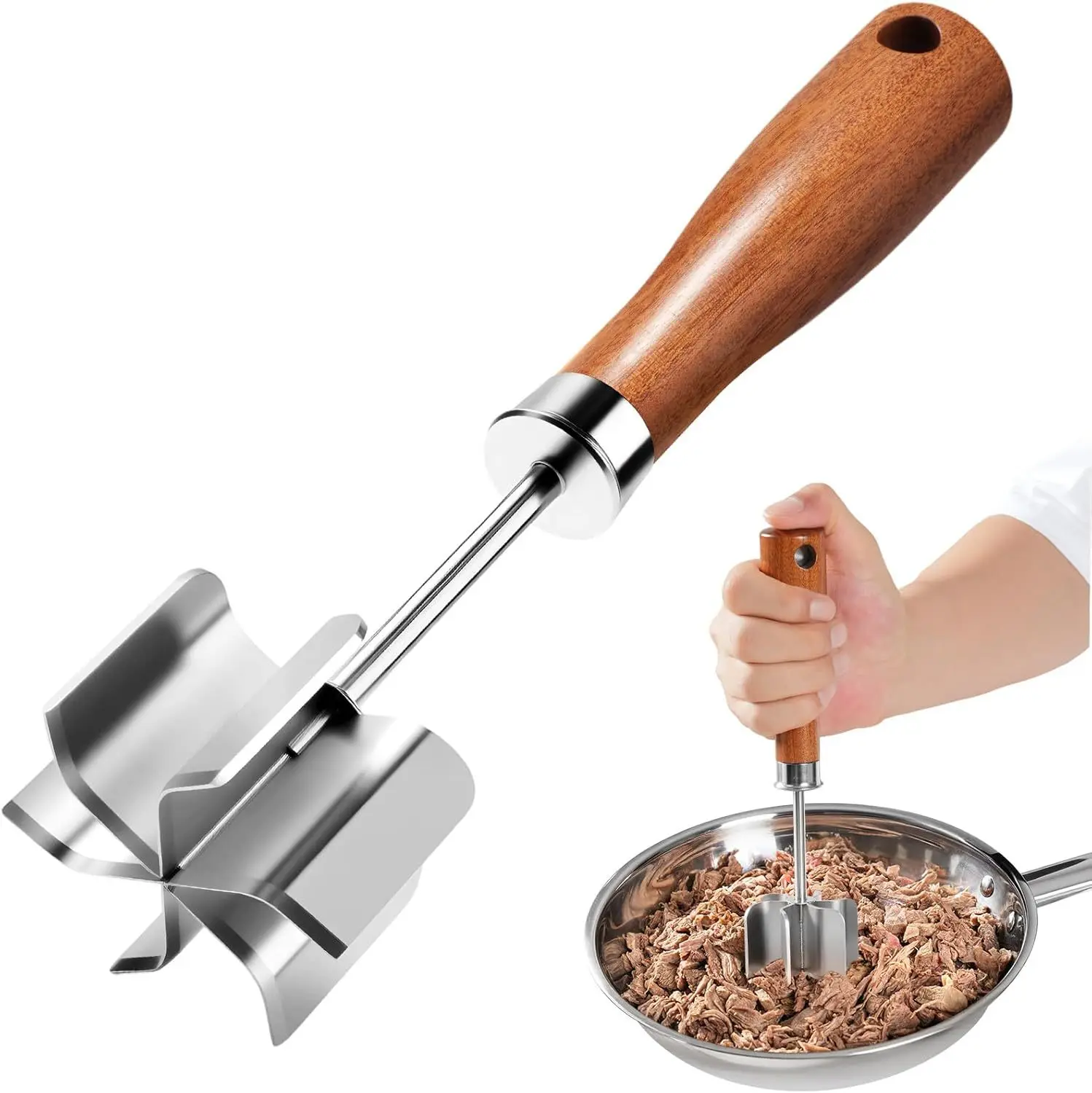 

Stainless Steel Meat Mincer Chopper 6 Curve Blade Wooden Handle Ground Beef Masher Potato Ricer Kitchen Meat Tenderizer Tool