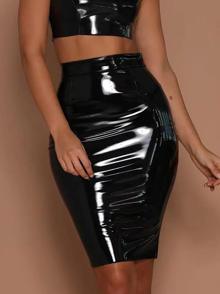 Minifaldas de PVC con efecto mojado, faldas lápiz ajustadas de cuero sintético brillante, faldas cortas, moda urbana