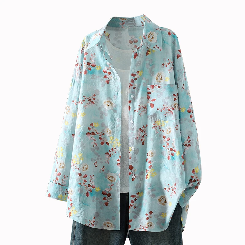 Alta qualidade algodão linho longo sve floral impressão casual irt coreano sle único botão quali topo feminino faion primavera