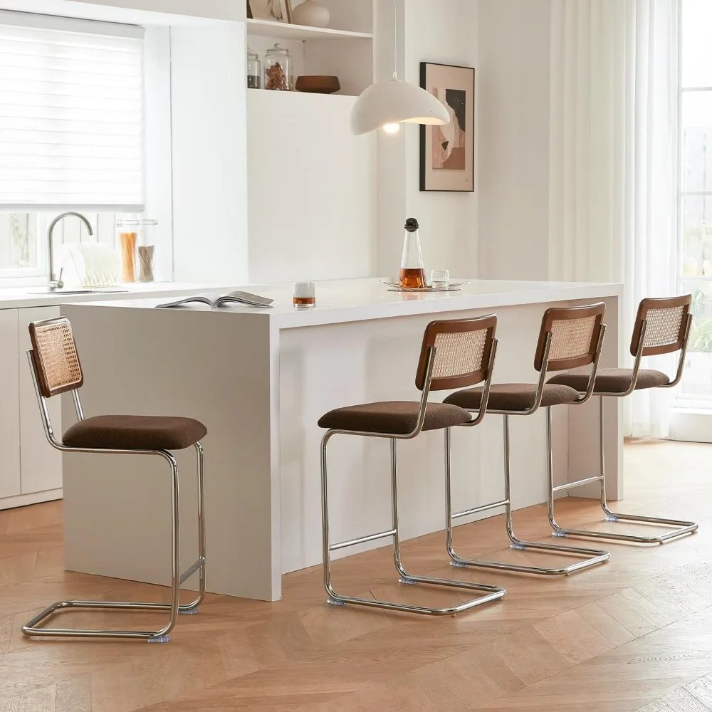 

Natural Rattan Counter Height Stools Set of 4 with Solid Wood Back, 29 Inch Mid Century Modern Cesca Bar Stools, Brown Upholster