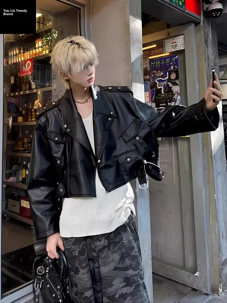 

Bla ort Leather Jaet Men's Motorcycle Sle Rivet Workwear Coat Cleanfit American High Street Faion Spring Autumn