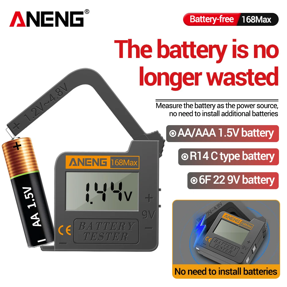 

Battery Tester Digital Display Portable ANENG 168Max Professional AA/AAA/1.5V/9V/C/D Lithium Battery CR2032/LR44 Button Battery