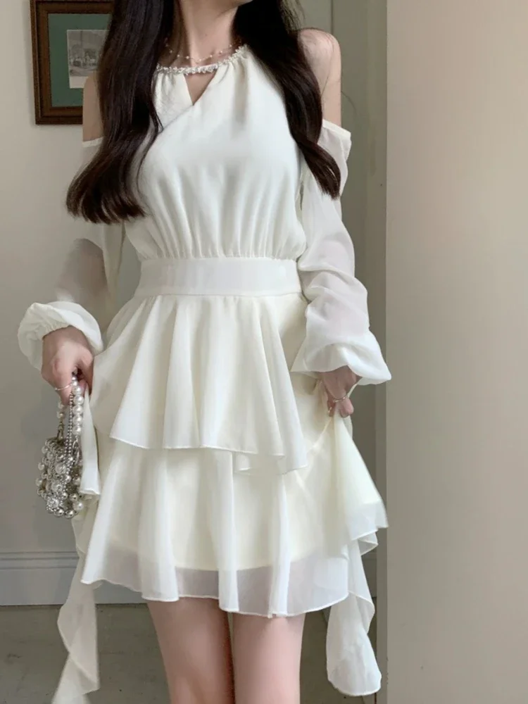 Long Sleeve Dresses Women Chic Ruffles Sweet Off-shoulder French Style Female Vestidos Spring Autumn Holiday Aesthetic Clothing