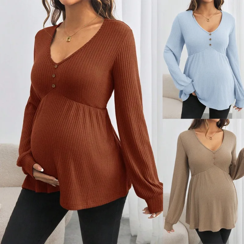 New Autumn V-neck Solid Color Loose Pregnant Woman T-shirt Clothes Long Sleeve Pullover Maternity Dress