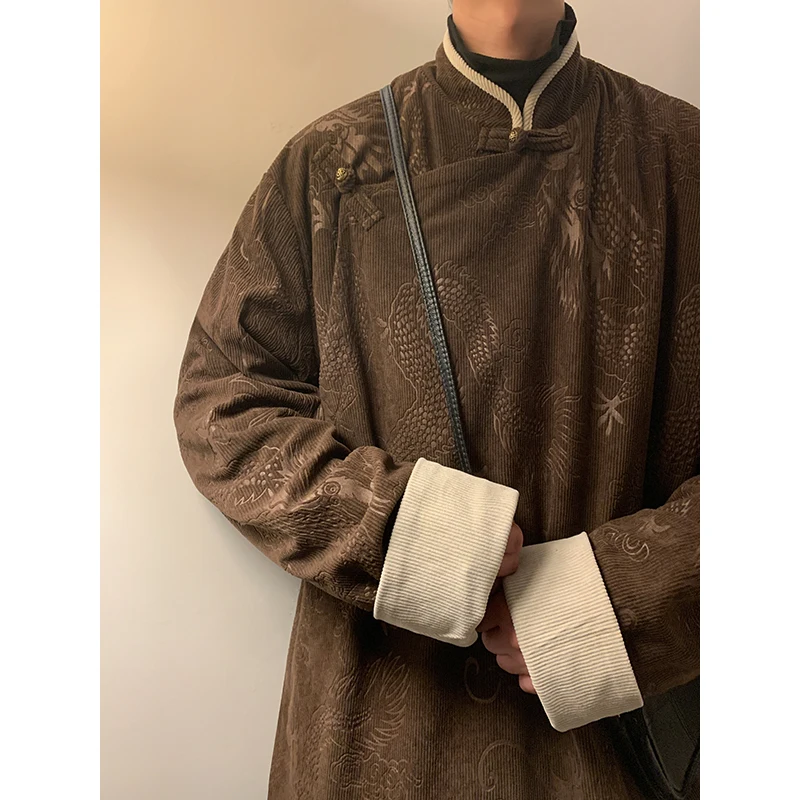 

New Chinese Sle Men's Jaet Core Velvet Tea Ceremony Collar Traditional Dragon Robe Tang Costume Loose Fit Long ...
