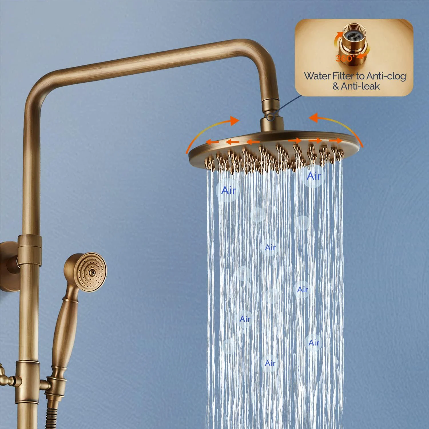 KEMAIDI Antique Shower Set Bathroom Bath Shower Faucet W/Shelf Rainfall Brass Hot Cold Water Mixer Tap Sliding Bar Shower System